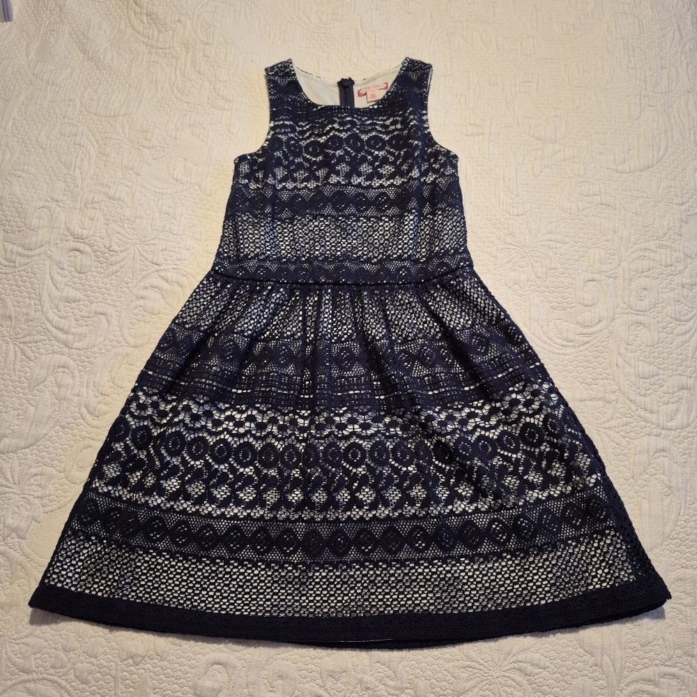 Ruby & Bloom girls size 8 blue overlay knit dress with white lining VGUC